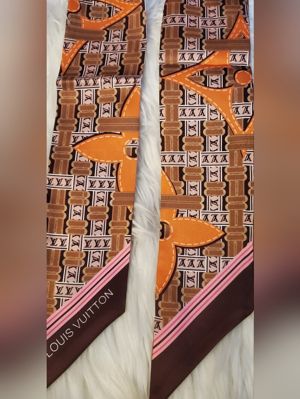 100% Silk Brown & Orange Monogram Bag Twilly, Scarf